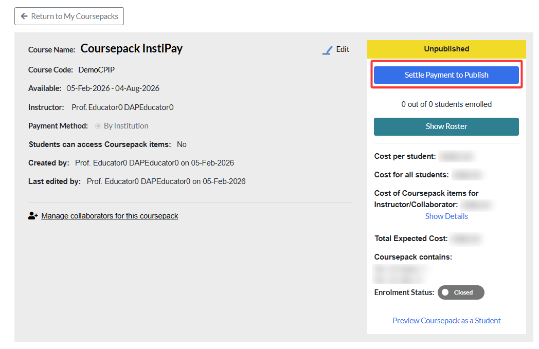 click settle payment to publish